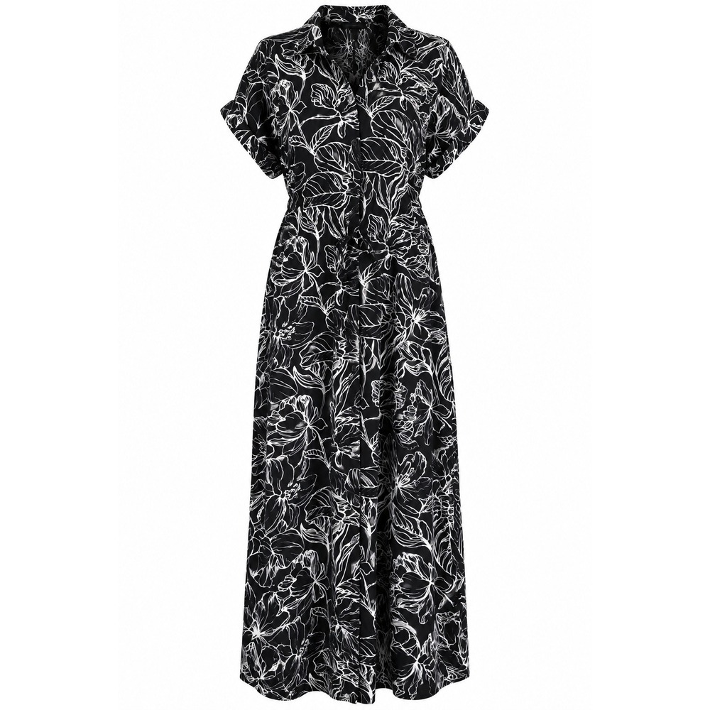 Jewel Badgley Mischka XL Black White Floral Midi Shirt Dress Pockets Tie Waist